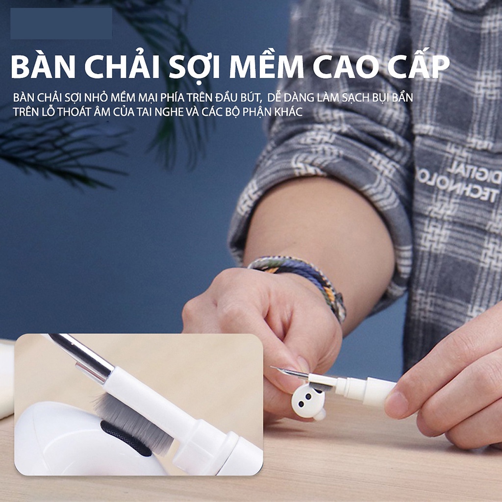 Bút Vệ Sinh Tai Nghe Bluetooth 3 Trong 1 Cao Cấp - Làm sạch bụi bẩn trong hộp đựng, loa, cổng sạc, điện thoại