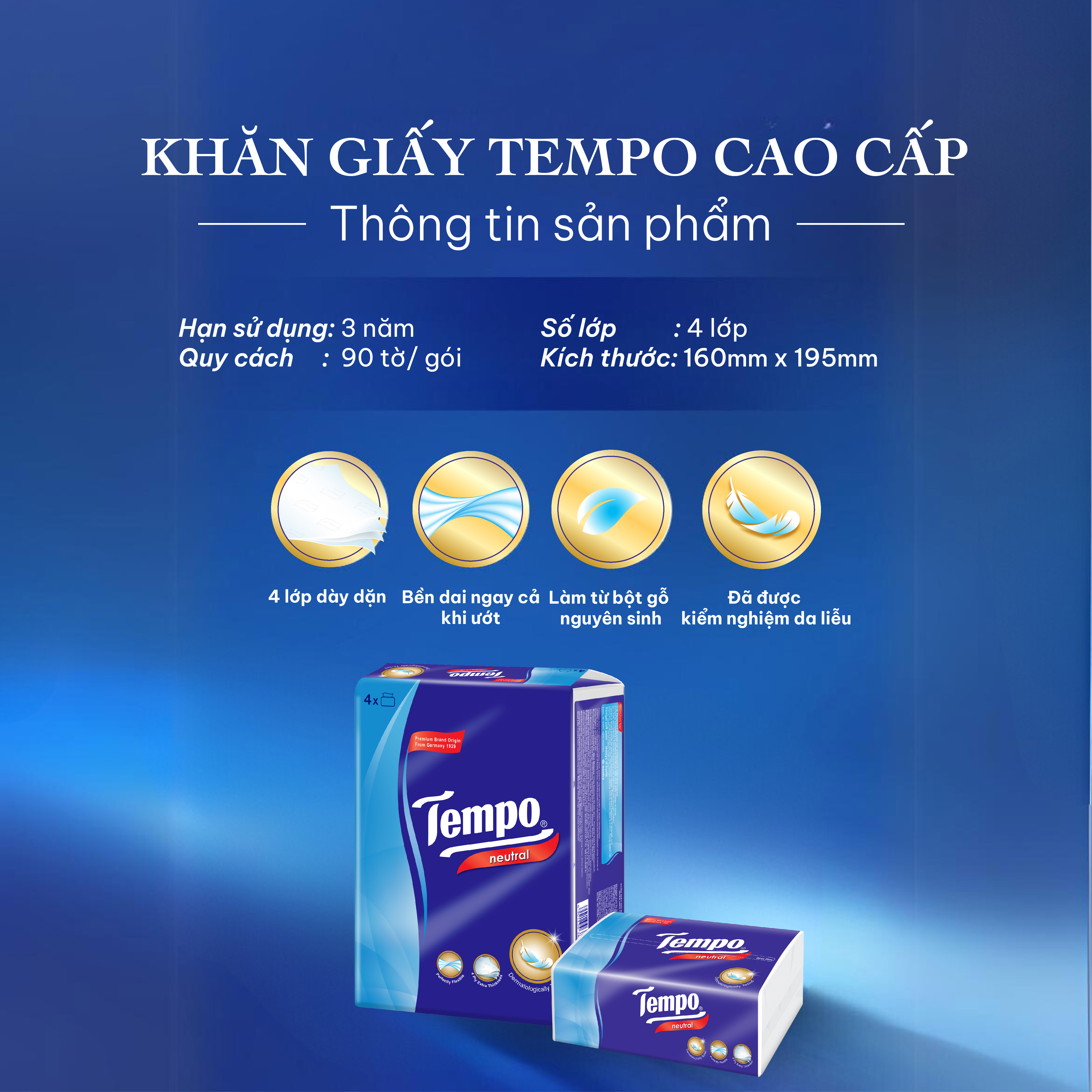 [LỐC 4 GÓI] Khăn giấy rút cao cấp Tempo  - 4 lớp bền dai, an toàn cho da - Thương hiệu Đức (Lốc 4 gói)