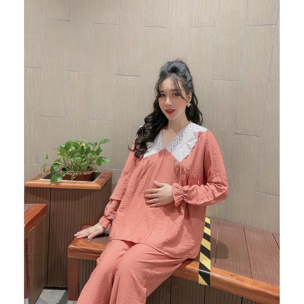 Bộ bầu dài tay thu đông thiết kế cổ ren tiểu thư siêu xinh mặc bầu và sau sinh BD906