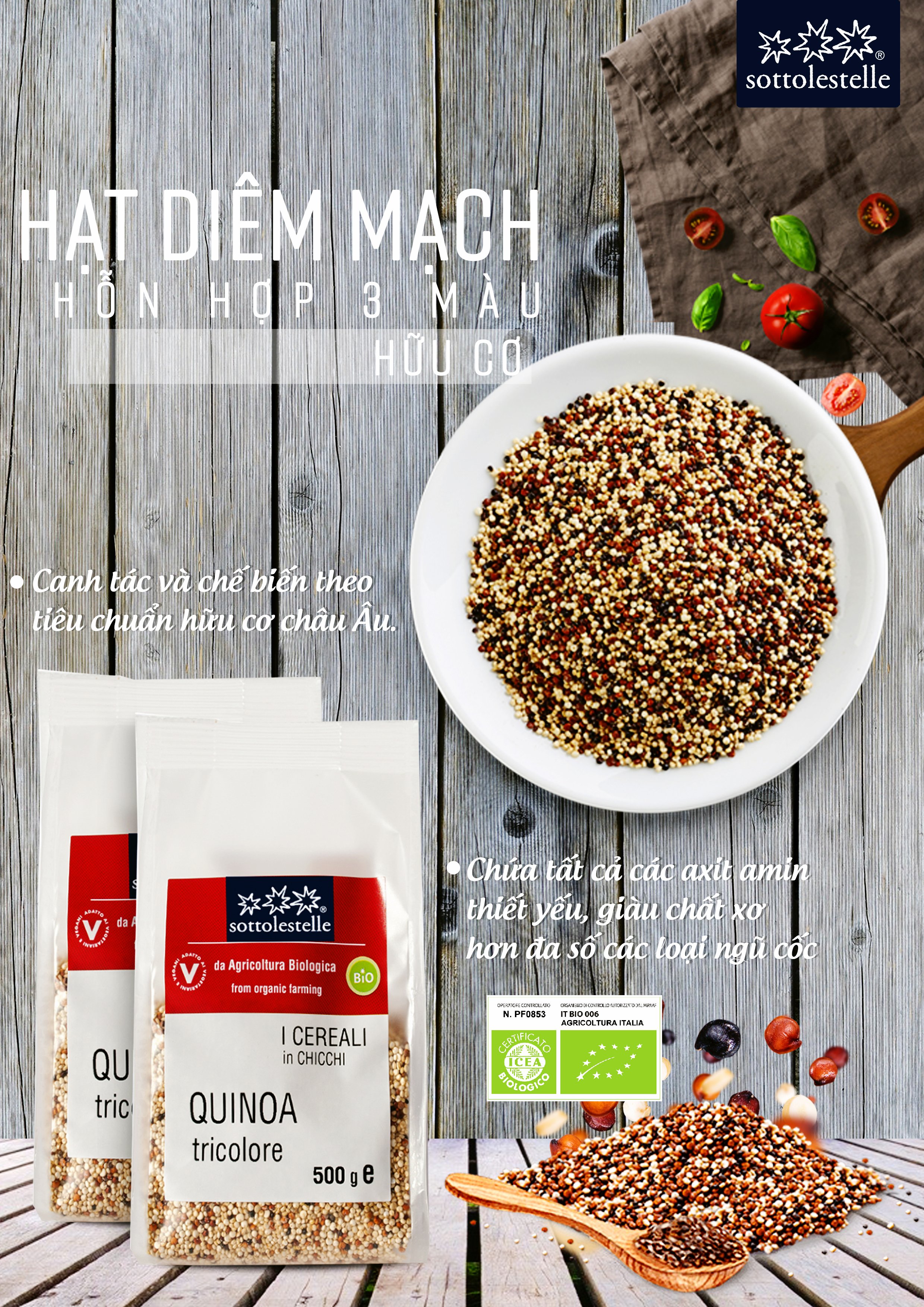 Hạt diêm mạch hỗn hợp ba màu hữu cơ Sottolestelle 500g Organic Quinoa Tricolor