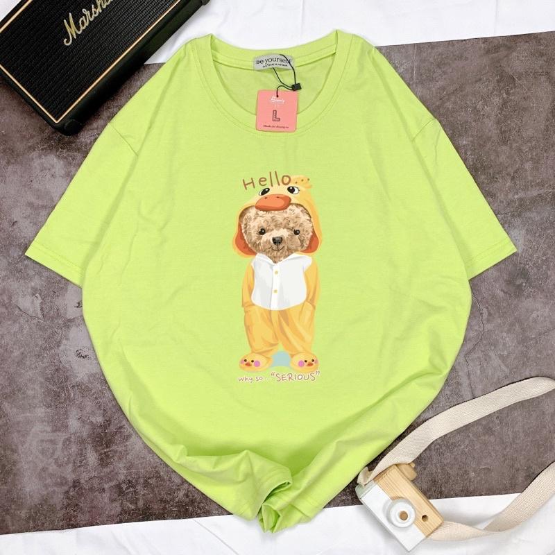 Áo Thun Tay Ngắn UNISEX in Decal IN DECAL GẤU HELLO - Hình chụp thật - Số đo ở cuối