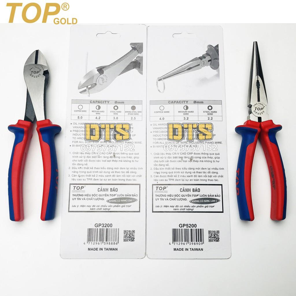 Bộ 2 kìm cắt - nhọn trợ lực chuyên nghiệp TOP GOLD 200mm, thép Hi-Cr cao cấp, thiết kế cộng lực tiết kiệm 50% lực bấm
