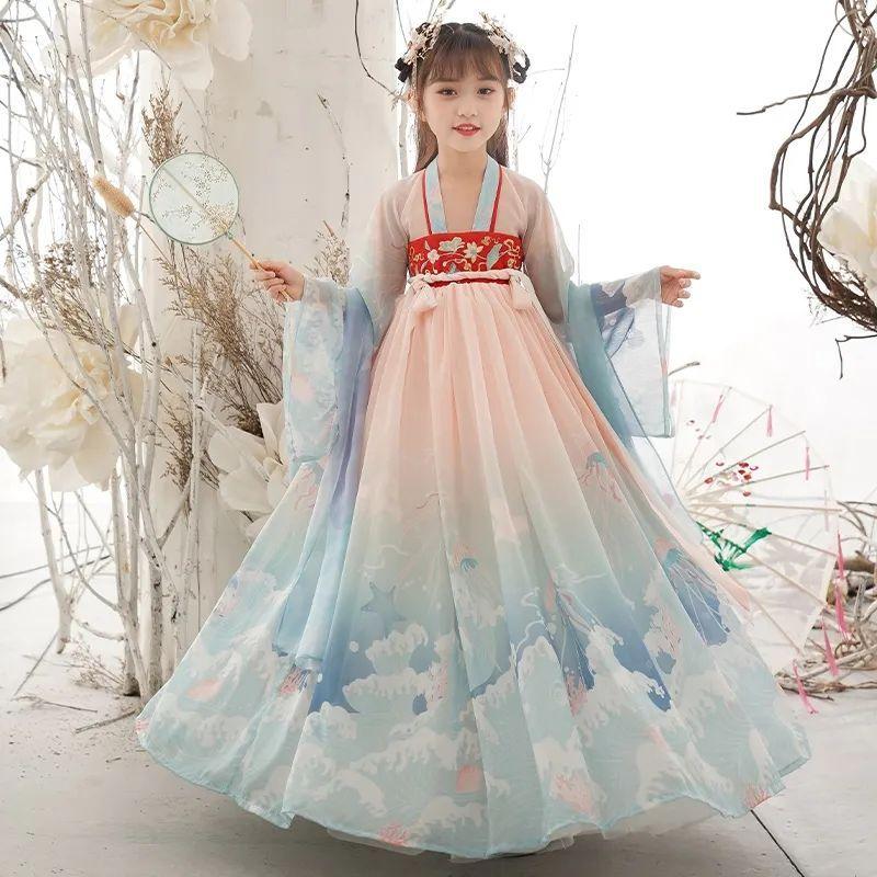DONGSHOP Trẻ em Hán phục mùa hè cô gái cổ trang váy ngắn xuân thu siêu tiên Trung Quốc phong cách cô gái cổ trang váy