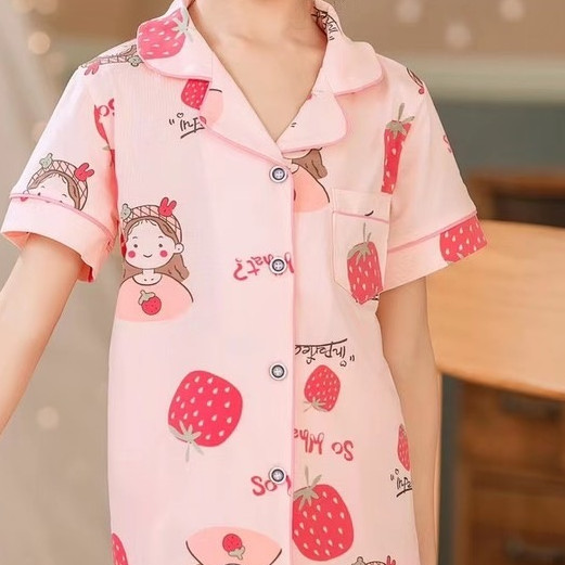 Bộ Pijama cộc tay hình bé gái và dâu tây xuất Hàn cho bé 2-14 tuổi