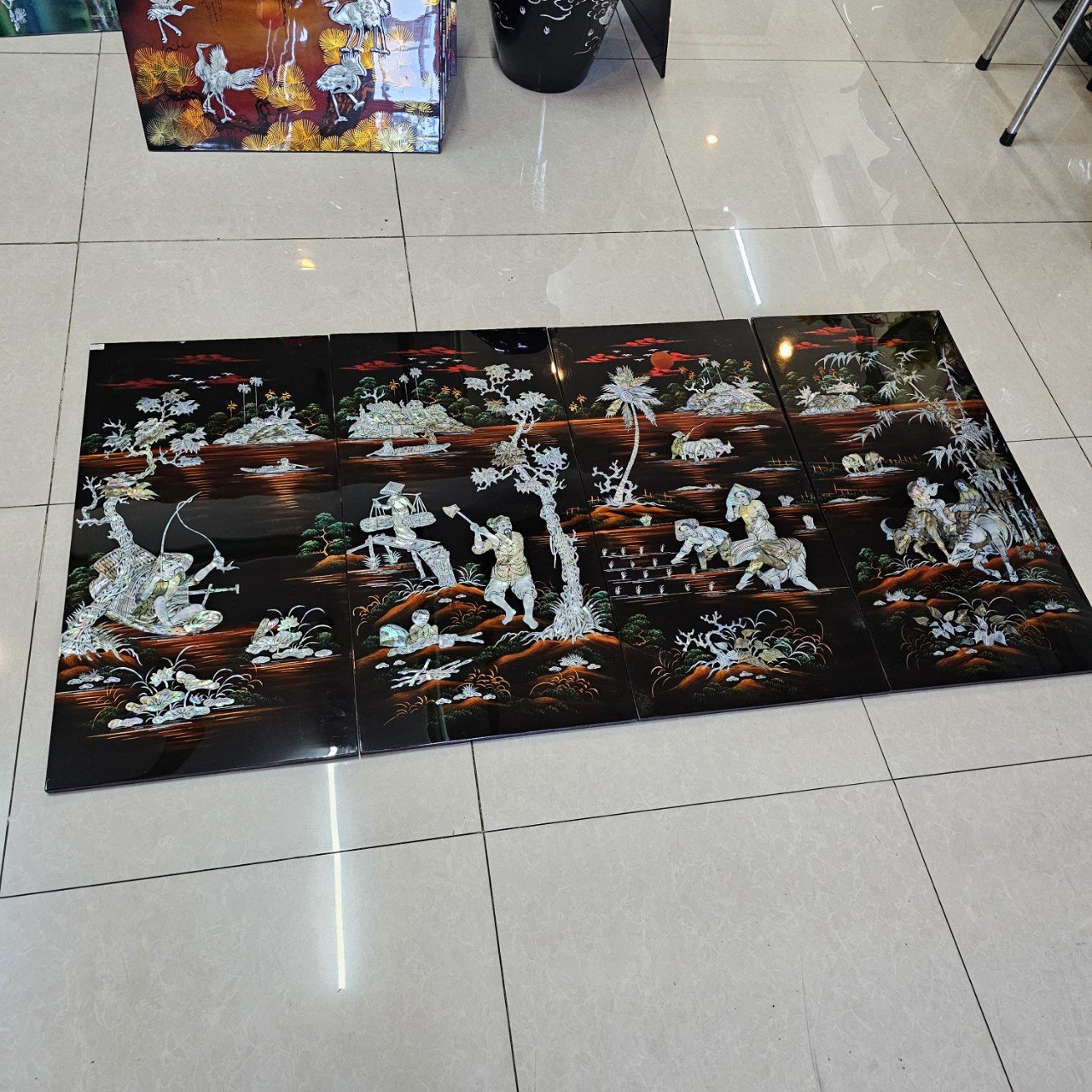 Bộ Tranh Sơn Mài 4 Tấm - NGƯ TIỀU CANH MỤC | Khảm Cừ Chìm Cao Cấp | Size 80x160 cm