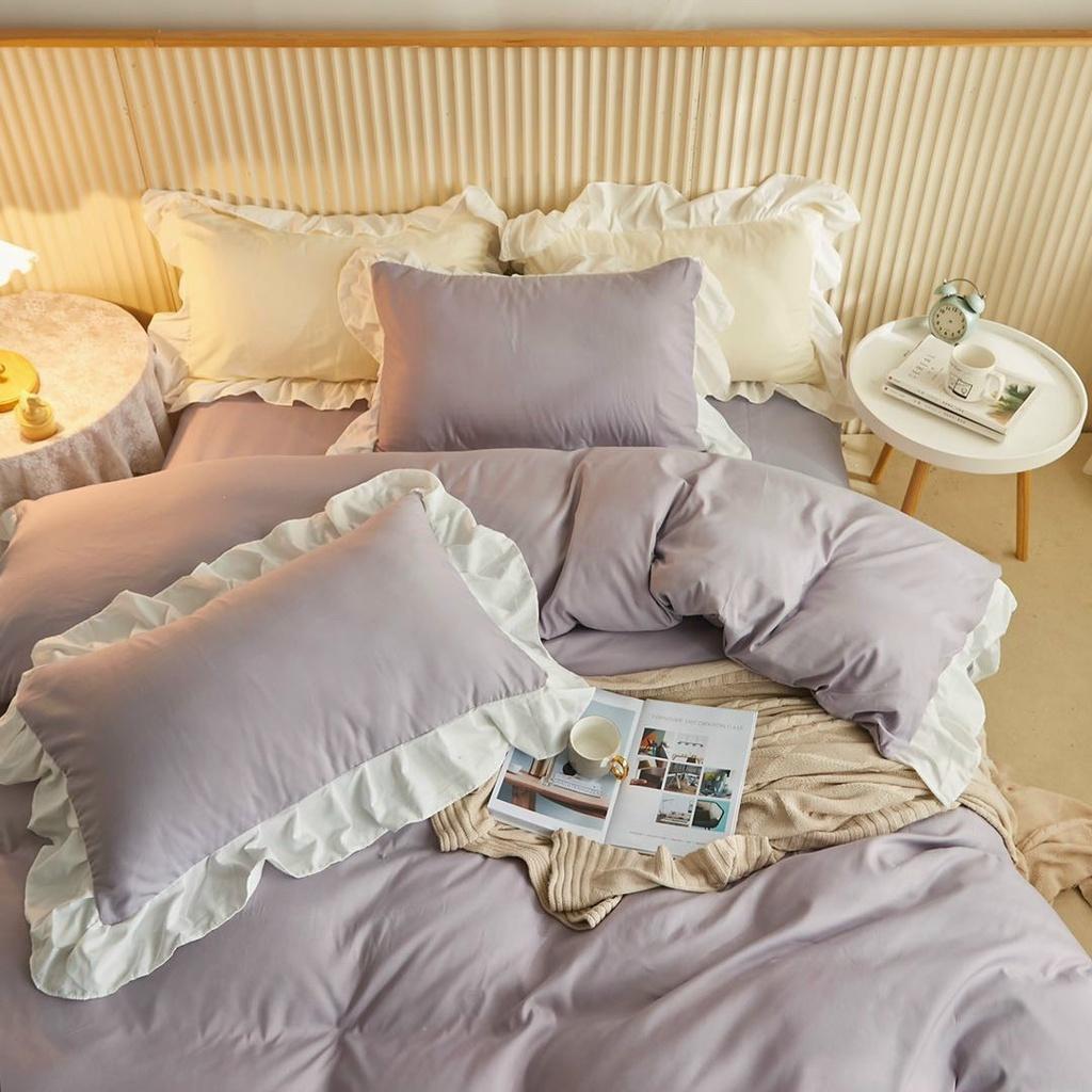 Bộ Chăn Ga Gối Cotton Tici Riềm Bèo Tím Nhạt