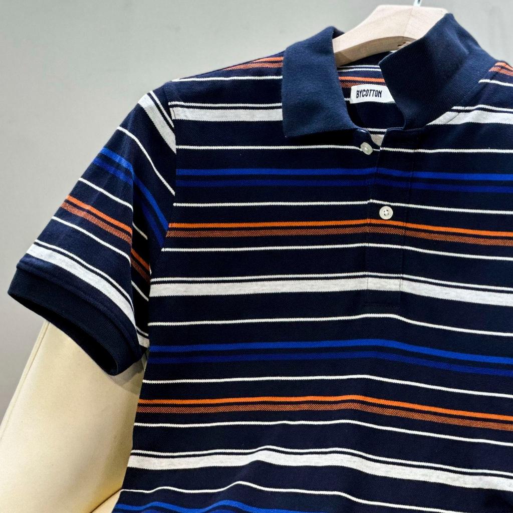 Áo Polo Nam Cao Cấp Có Cổ BY COTTON Sọc Xanh Cam Nam Tính, Thanh Lịch, Sang Trọng, Trẻ Trung