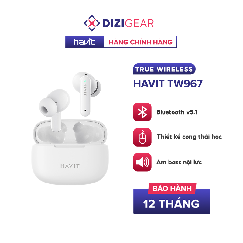 Tai Nghe TWS Havit TW967 BT 5.0, Thiết Kế Công Thái Học, Driver 10mm, Nghe Nhạc Đến 5H - Hàng Chính Hãng