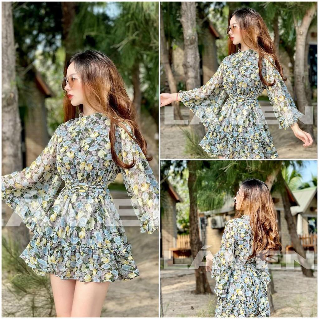 Đầm xoè hoa tay loe cao cấp kèm dây buộc eo