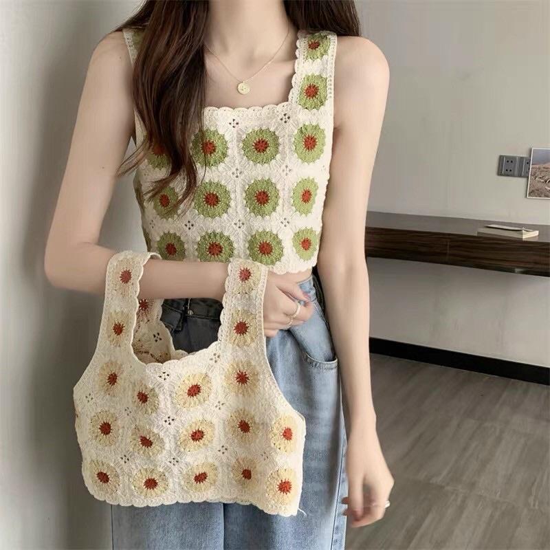 Áo 2 dây nữ len móc hoạ tiết hoa cúc croptop hàng QC