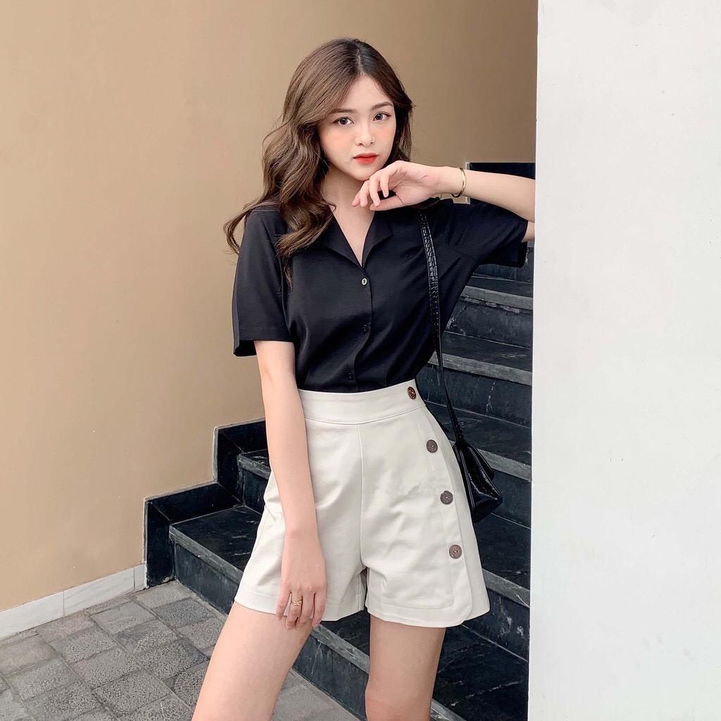 Áo sơ mi nữ tay ngắn cổ vest basic