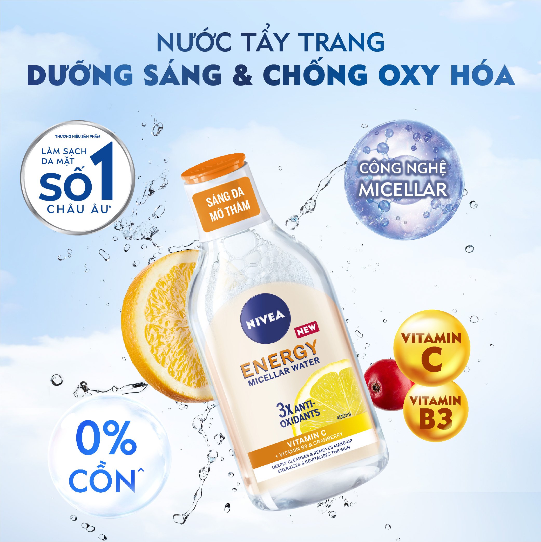 Nước Tẩy Trang NIVEA Energy Micellar Water Vitamin C Dưỡng Sáng Mờ Thâm Nhập khẩu Từ Đức (400 ml) - 94244