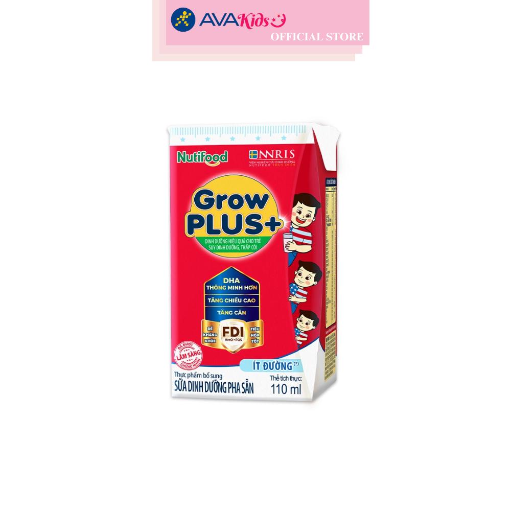 Lốc 4 hộp sữa pha sẵn Nutifood GrowPLUS+ đỏ ít đường hương vani 110 ml cho trẻ suy dinh dưỡng, thấp còi (từ 1 tuổi)