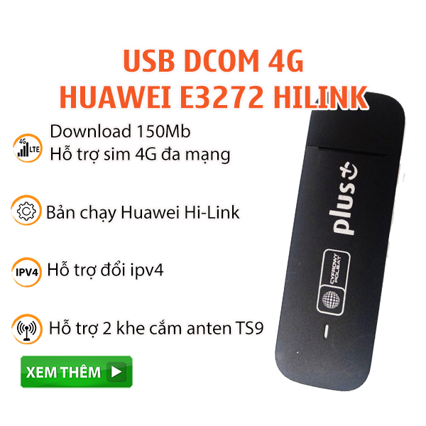 Usb Dcom 4G Huawei E3272 Tốc Độ 150Mb Hỗ Trợ Đổi IP Mạng, Công Nghệ Hilink Cắm Là Chạy, Màu ngẫu nhiên,  Hàng Chính Hãng