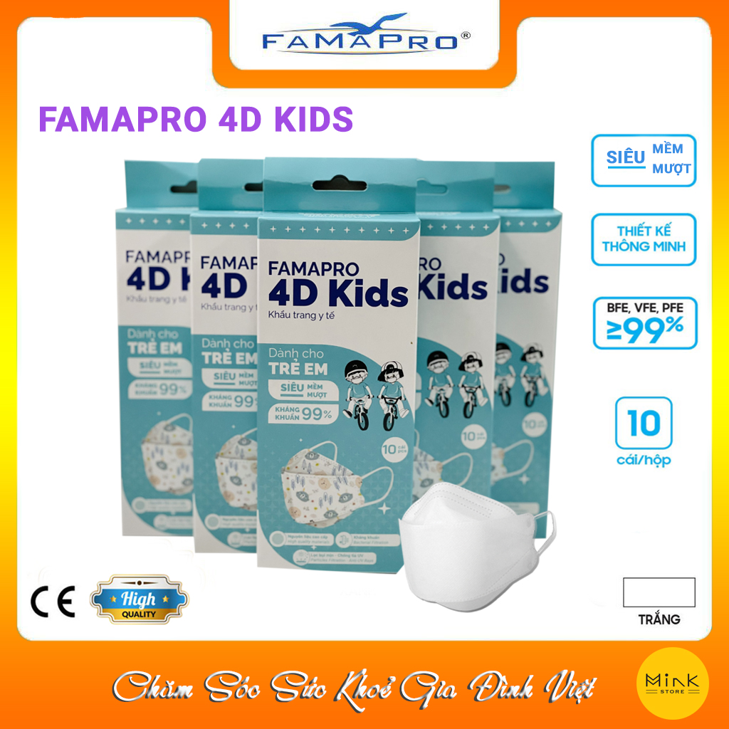 [CHÍNH HÃNG] Khẩu Trang Y Tế 3 Lớp Famapro 4D Kids/Dành Cho Trẻ Em Từ 4-10 Tuổi/Kháng Khuẩn 99%/Hộp 10 Cái