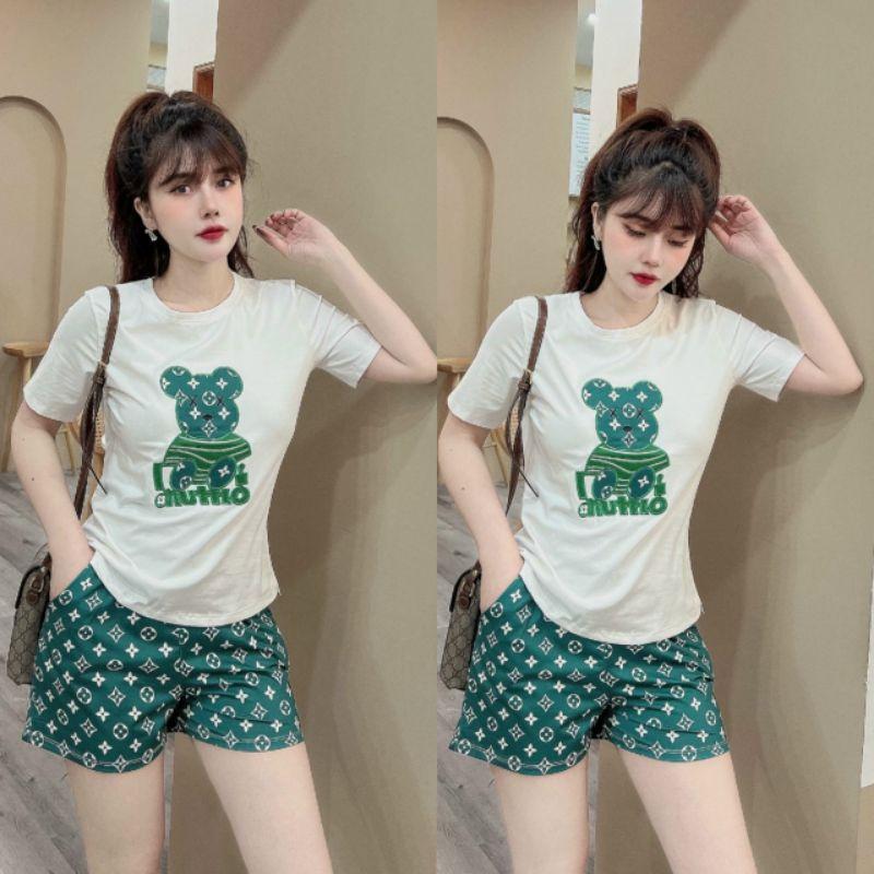 Bộ đồ đùi nữ thêu hình gấu siêu xinh thun cotton 100% mát mịn