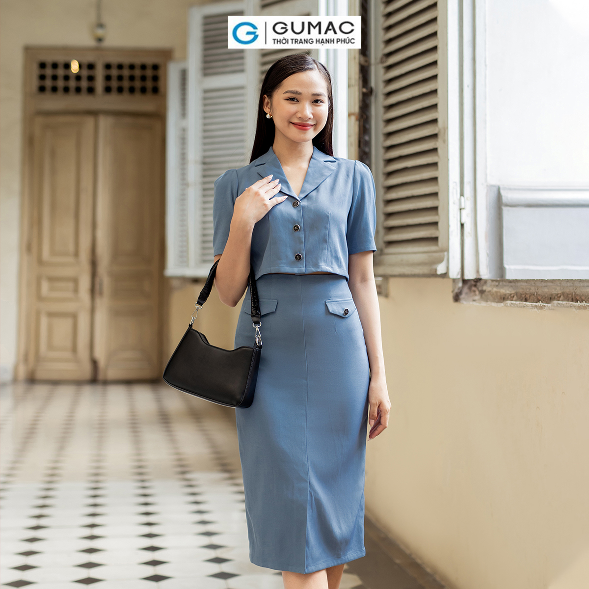 Set lẻ Áo lửng cổ danton thời trang GUMAC AD07007 - Chân váy bút chì nắp túi thời trang GUMAC VD07008