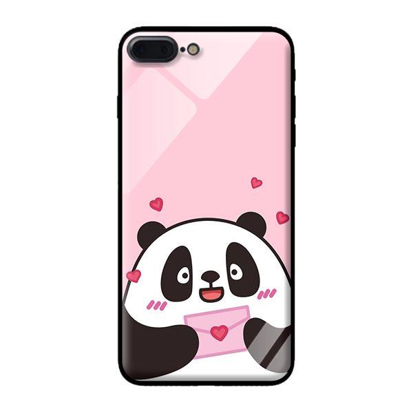Ốp kính cường lực cho iPhone 8 Plus Panda Nền Hồng - Hàng chính hãng