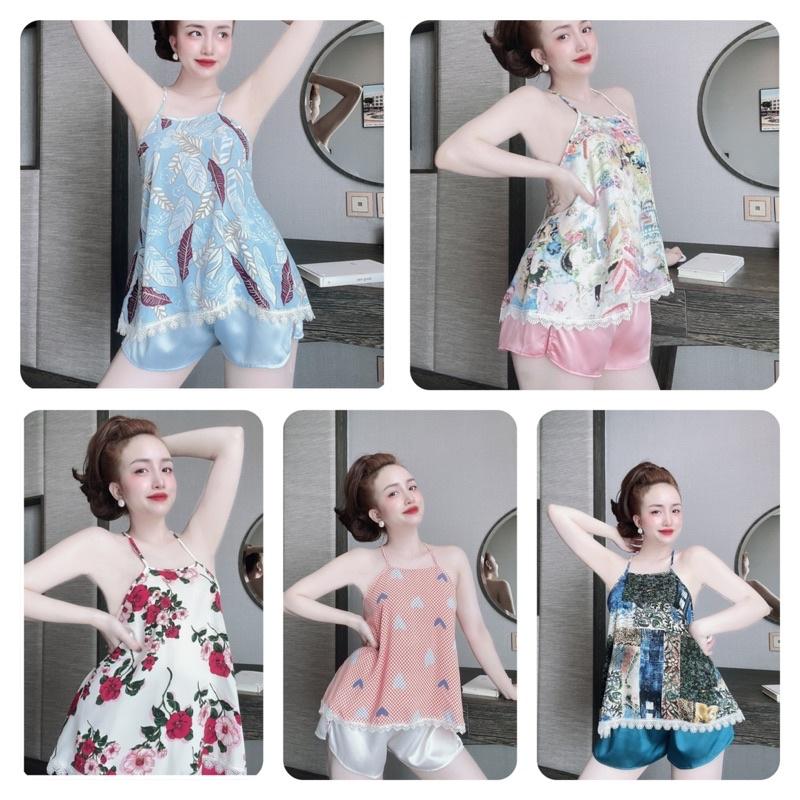 Đồ Ngủ bigsize Sexy Nữ, Bộ Ngủ Lụa 2 Dây Nữ, áo kiểu yếm mango viền ren + quần satin, freesize 40_70kg, tuỳ chiều cao