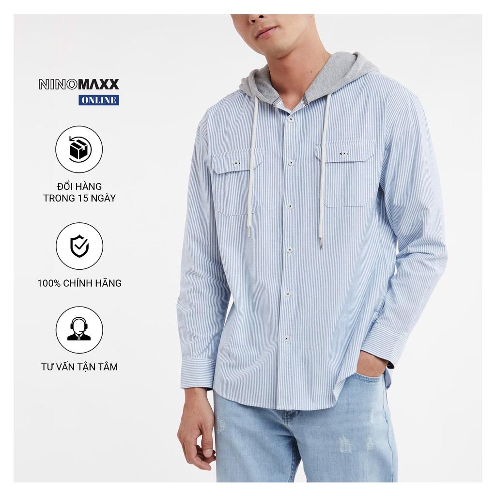 Ninomaxx Áo sơ mi nam phối nón màu sọc xanh chất liệu 100% cotton 1912057