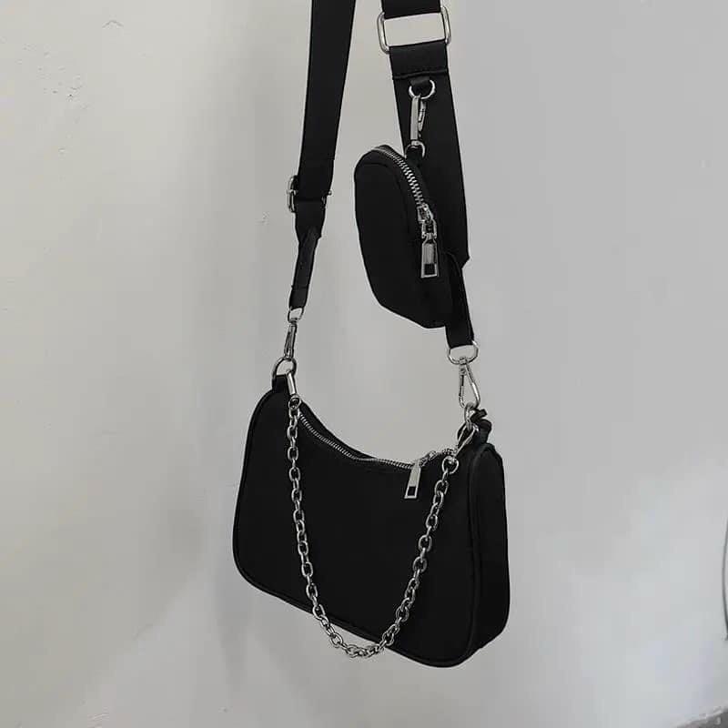 Túi đeo chéo thời trang dây xích kèm túi con đi làm vải canvas