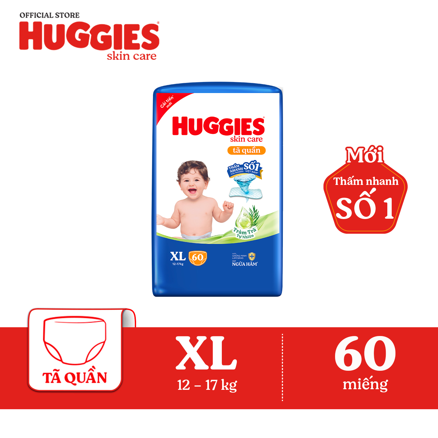 Tã/bỉm quần Huggies Skin Care Super Jumbo XL60 miếng với tràm trà dịu da