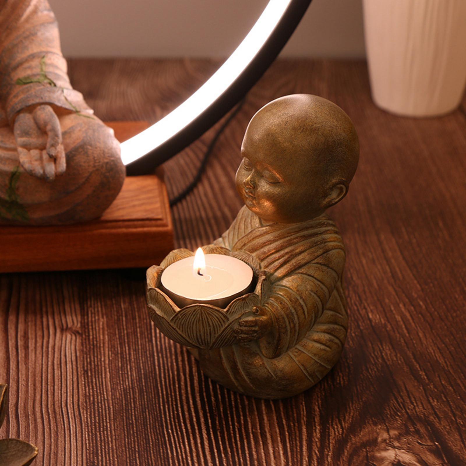 Buddha Statue Monk Doll, Candleholders Buddhist Showpiece Collectibles Monk Figurine Ornaments for Tabletop Centerpiece Meditation Decor