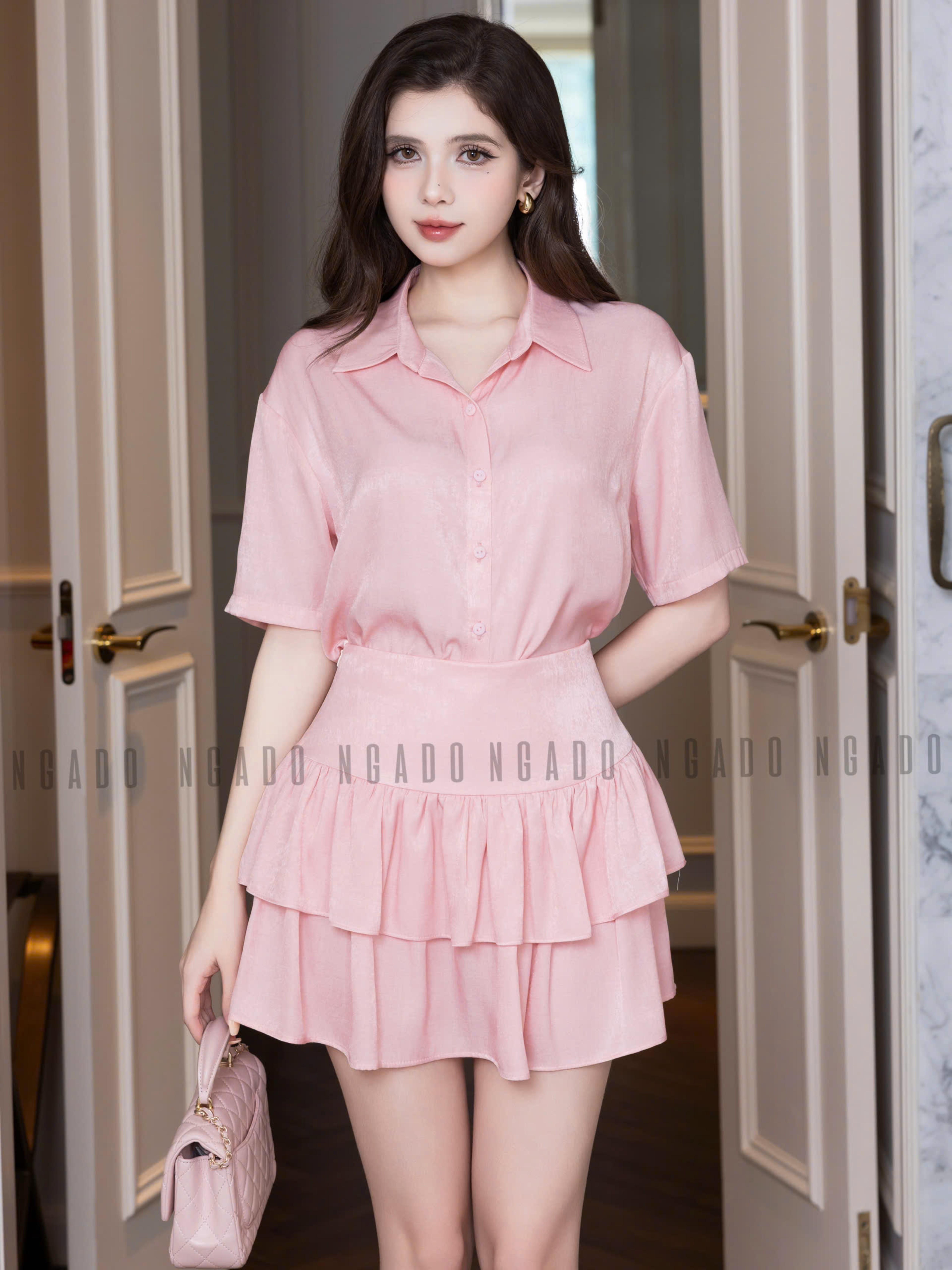 Set áo váy sơ mi hồng NGADO , set áo sơ mi chân váy , set áo váy Nữ , set dạo phố