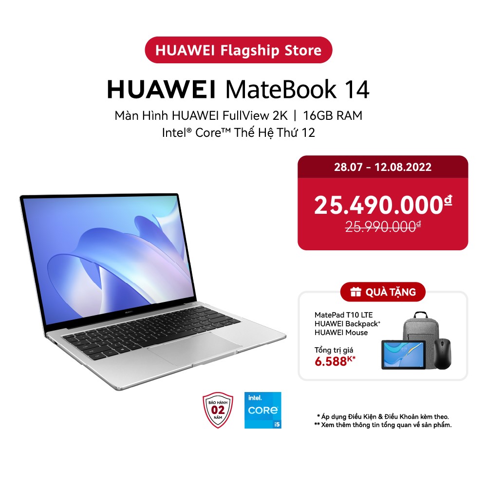 Máy Tính Xách Tay HUAWEI MateBook 14 (16GB/512GB) | Intel Core i5 Thế Hệ Thứ 12 | Màn Hình HUAWEI 3:2 Fullview 2k | Nút Nguồn Vân Tay | Hàng Chính Hãng