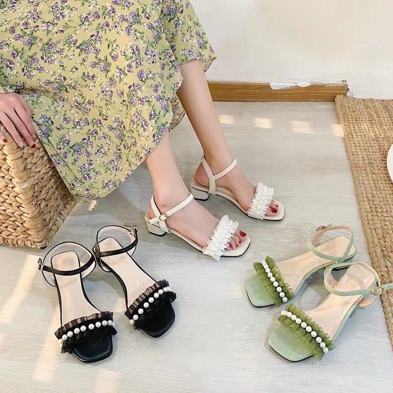 Giày sandal, giày cao gót nữ 5p quai bản ngang kết ren phối hạt châu