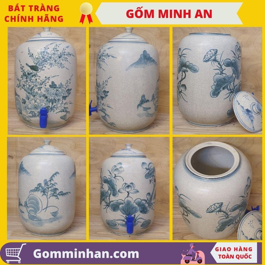 Bình đựng nước sứ bát tràng dáng đứng vẽ hoa văn thủ công dung tích 10l có khoan vòi- Gốm Sứ Bát Tràng- Gốm Minh An