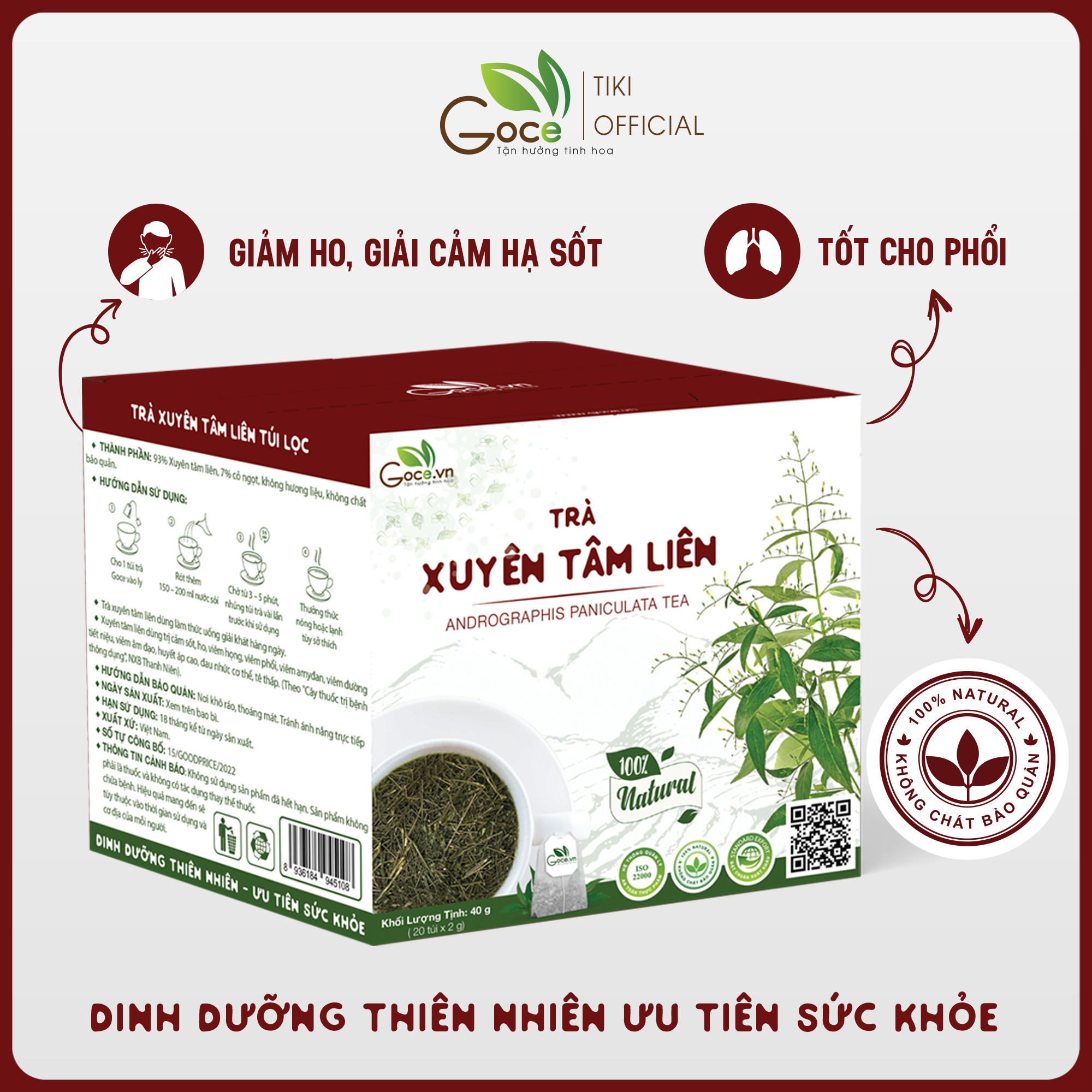 [Giảm ho, giải cảm hạ sốt] Trà xuyên tâm liên túi lọc Goce