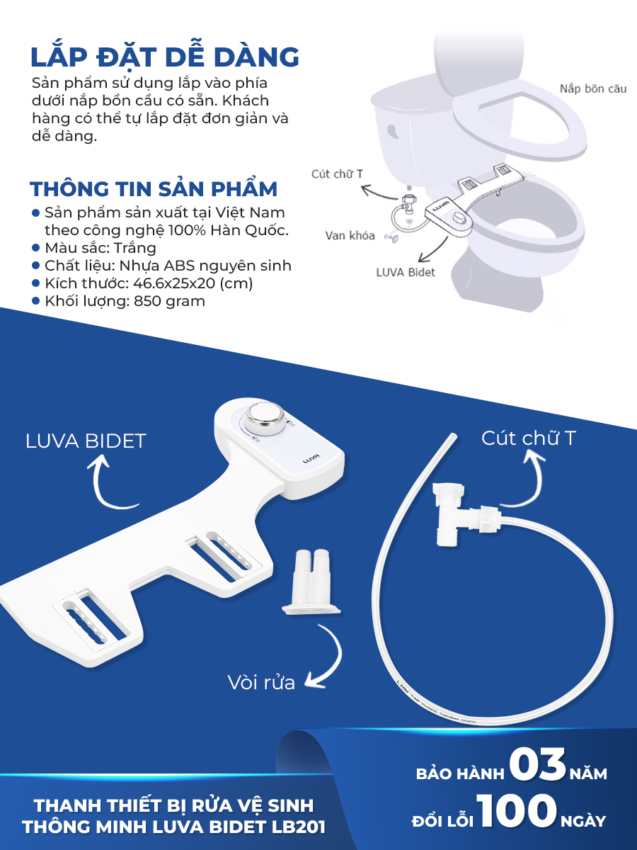 Vòi Rửa Xịt Vệ Sinh Thông Minh Luva Bidet LB201, 2 Vòi Rửa, Hàng Chính Hãng, Không Dùng Điện, Tự Rửa Vòi Phun