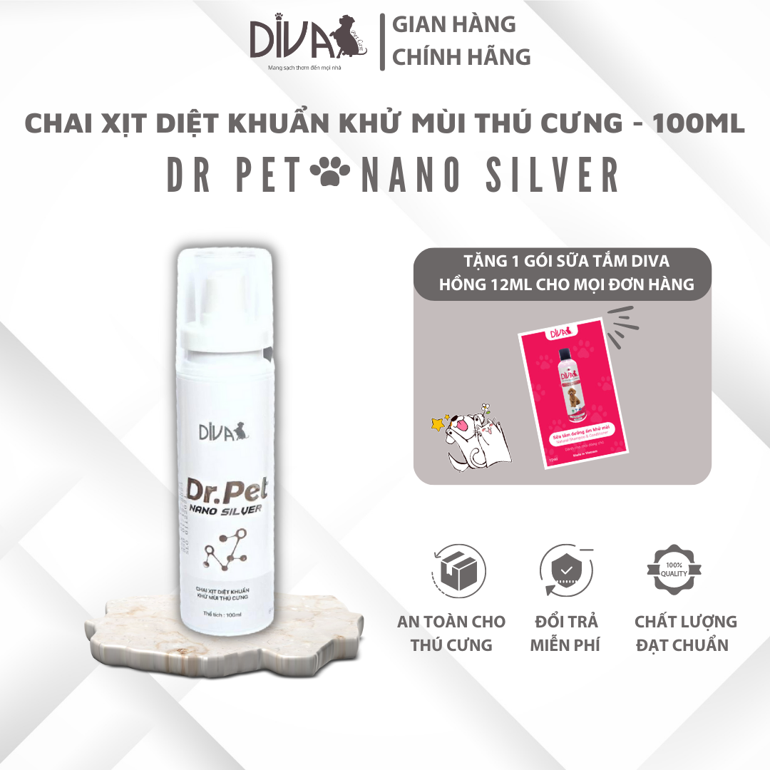 CHAI XỊT KHỬ MÙI NANO BẠC CHO THÚ CƯNG DIVA DR PET - 100ML