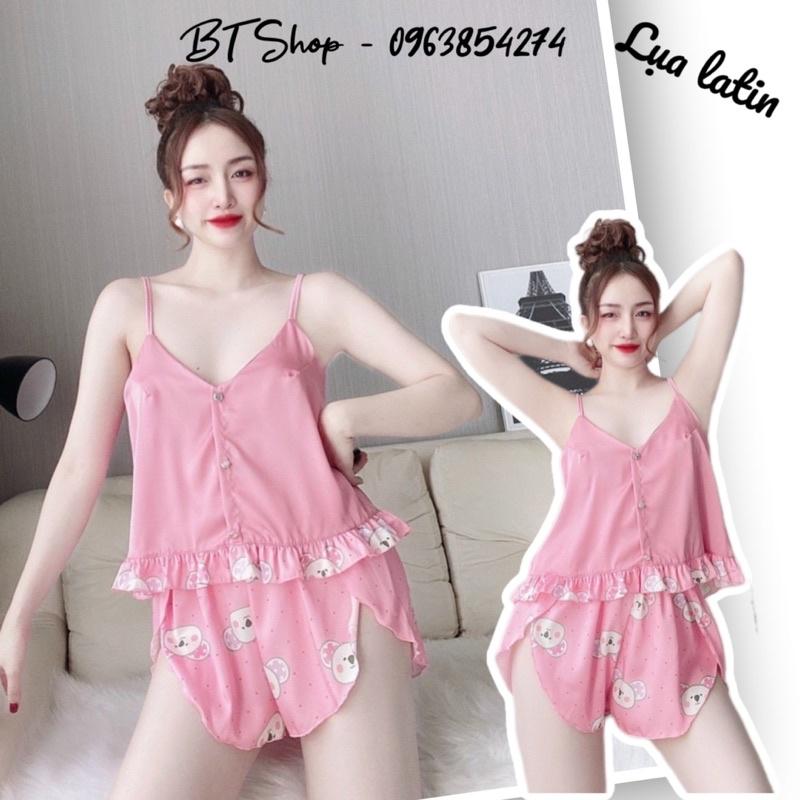 Đồ ngủ mặc nhà lụa latin hoạ tiết quần đùi freesize 42-57kg