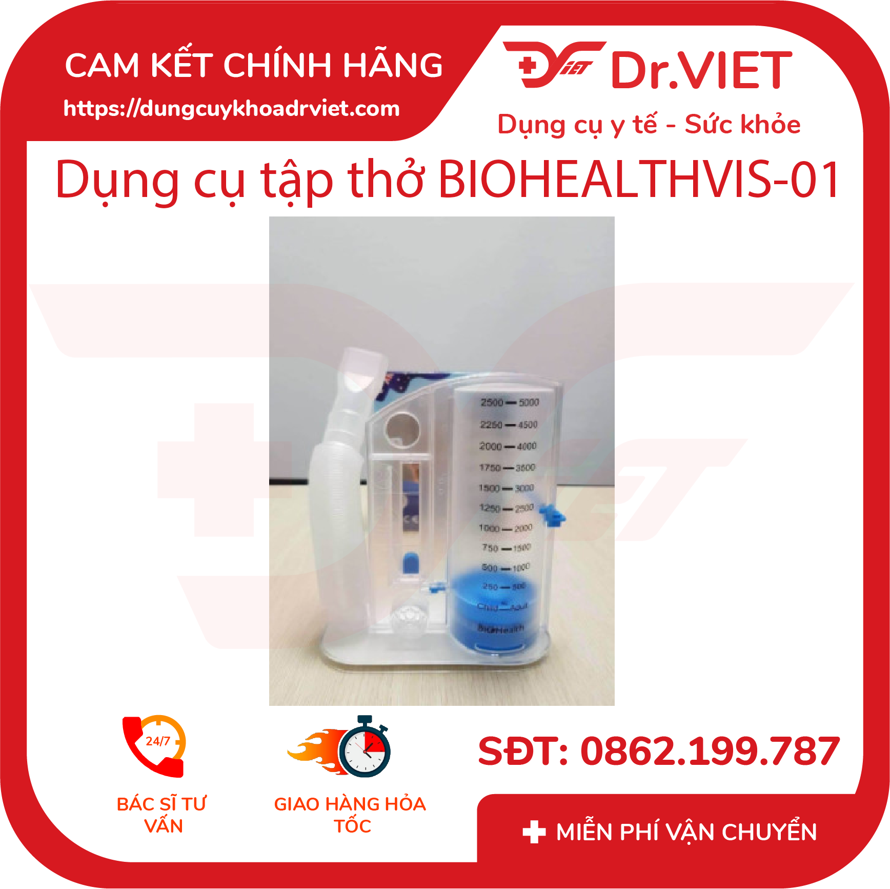 Dụng cụ tập thở BioHealth - VIS 01 hỗ trợ tập thở cho bệnh nhân mắc bệnh về hô hấp - phổi - Dr.Viet