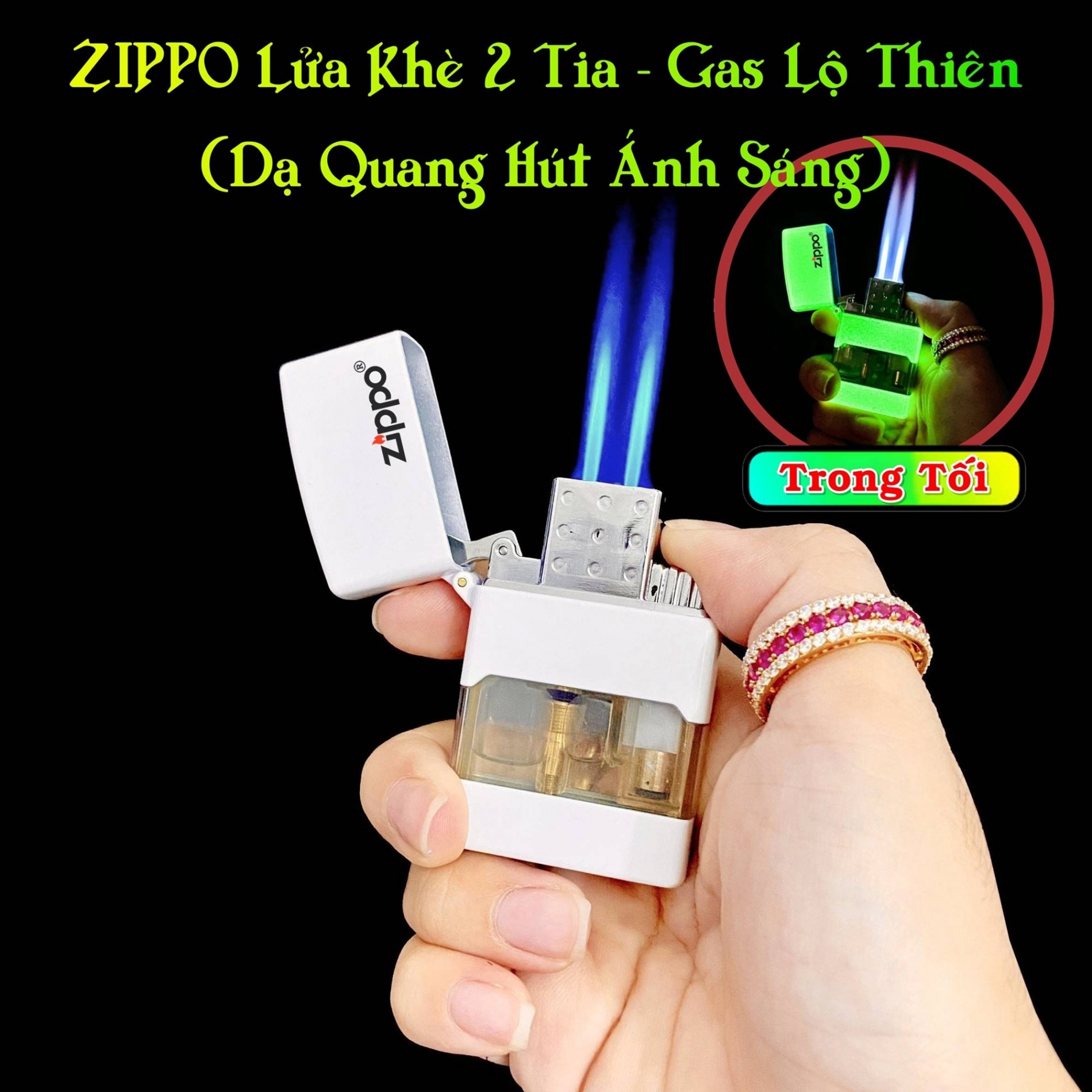 Hột Quẹt Bật Lửa khè 2 tia gas lộ thiên dạ quang ánh sáng - xài gas