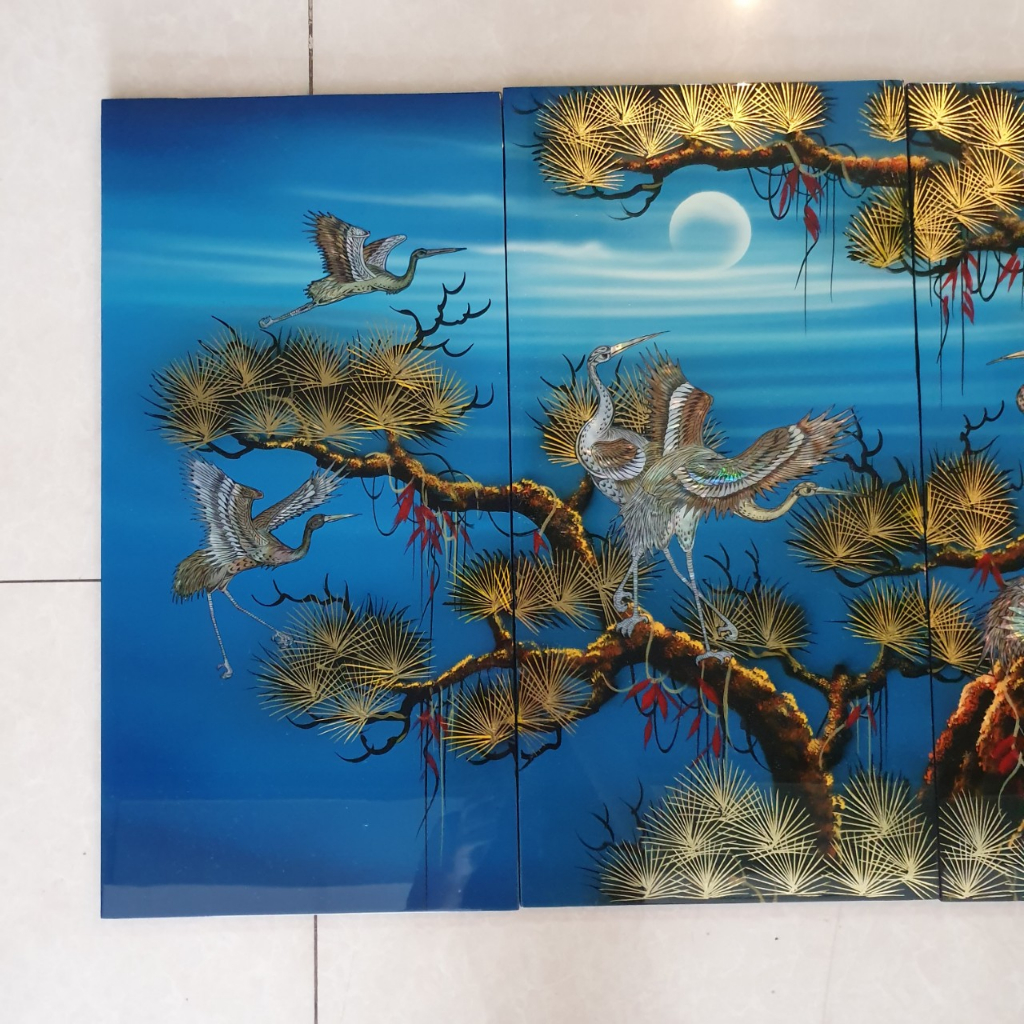 Bộ Tranh sơn mài Thanh Bình Lê 4 tấm- TÙNG HẠC KHẢM CỪ size 60x120 cm / hàng cao cấp , xuất khẩu
