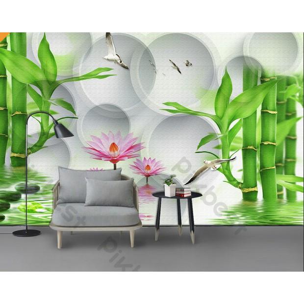 Tranh phong thủy tre xanh và hoa thiên nhiên đẹp, Tranh dán tường 3d hiện đại MS1212917