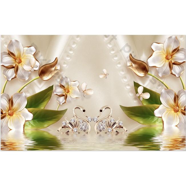 Hoa anh thảo lãng mạn cùng đôi thiên nga hạnh phúc, Tranh dán tường 3d hiện đại MS1180127