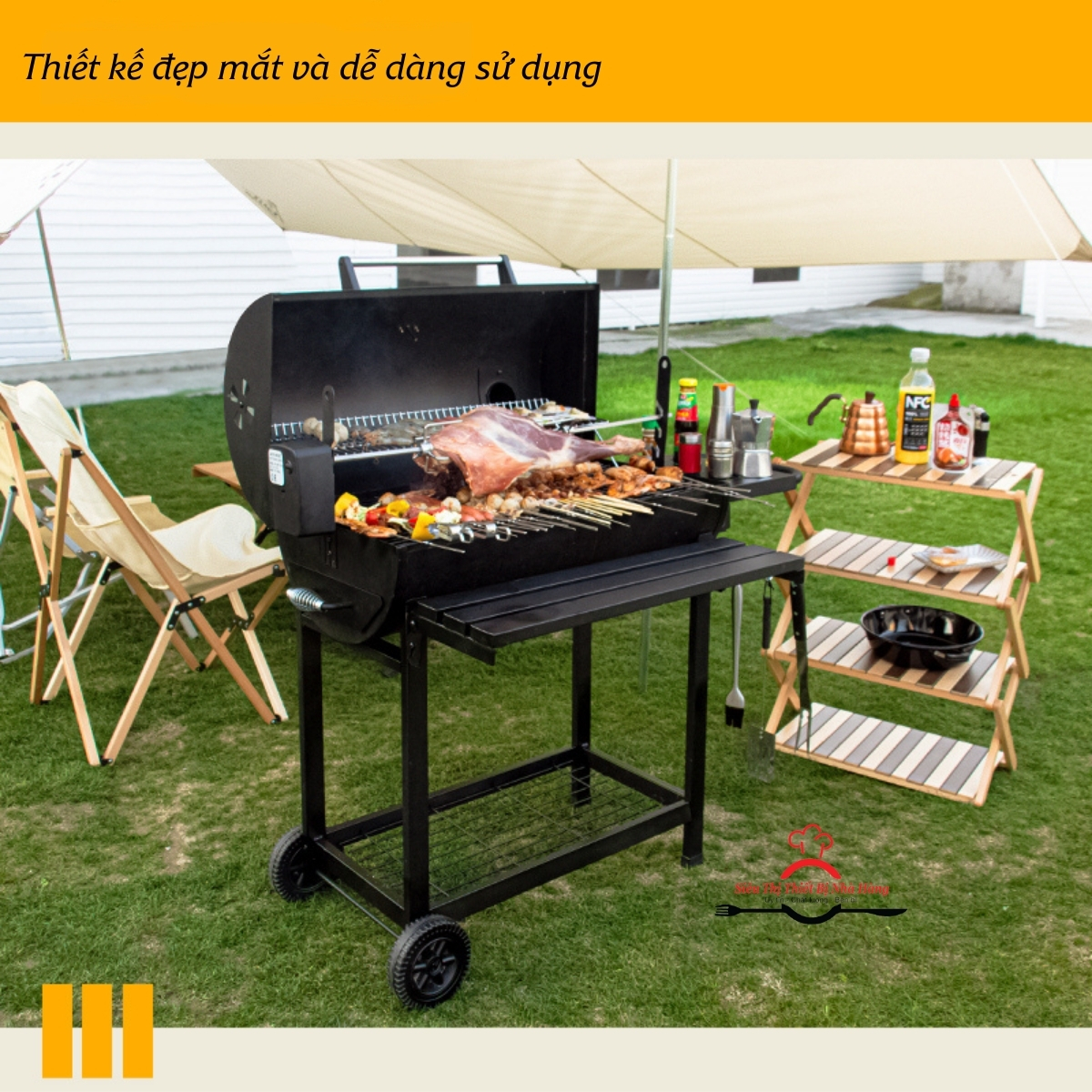 Bếp nướng BBQ, bếp nướng than ngoài trời có nắp đậy, có đồng hồ báo nhiệt + motor.