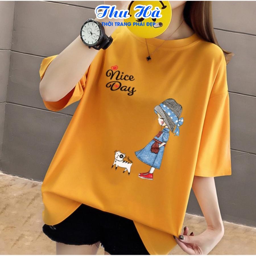 Áo thun form rộng tay lỡ áo phông unisex Thu Hà chất liệu thun cotton in chữ Nice Day