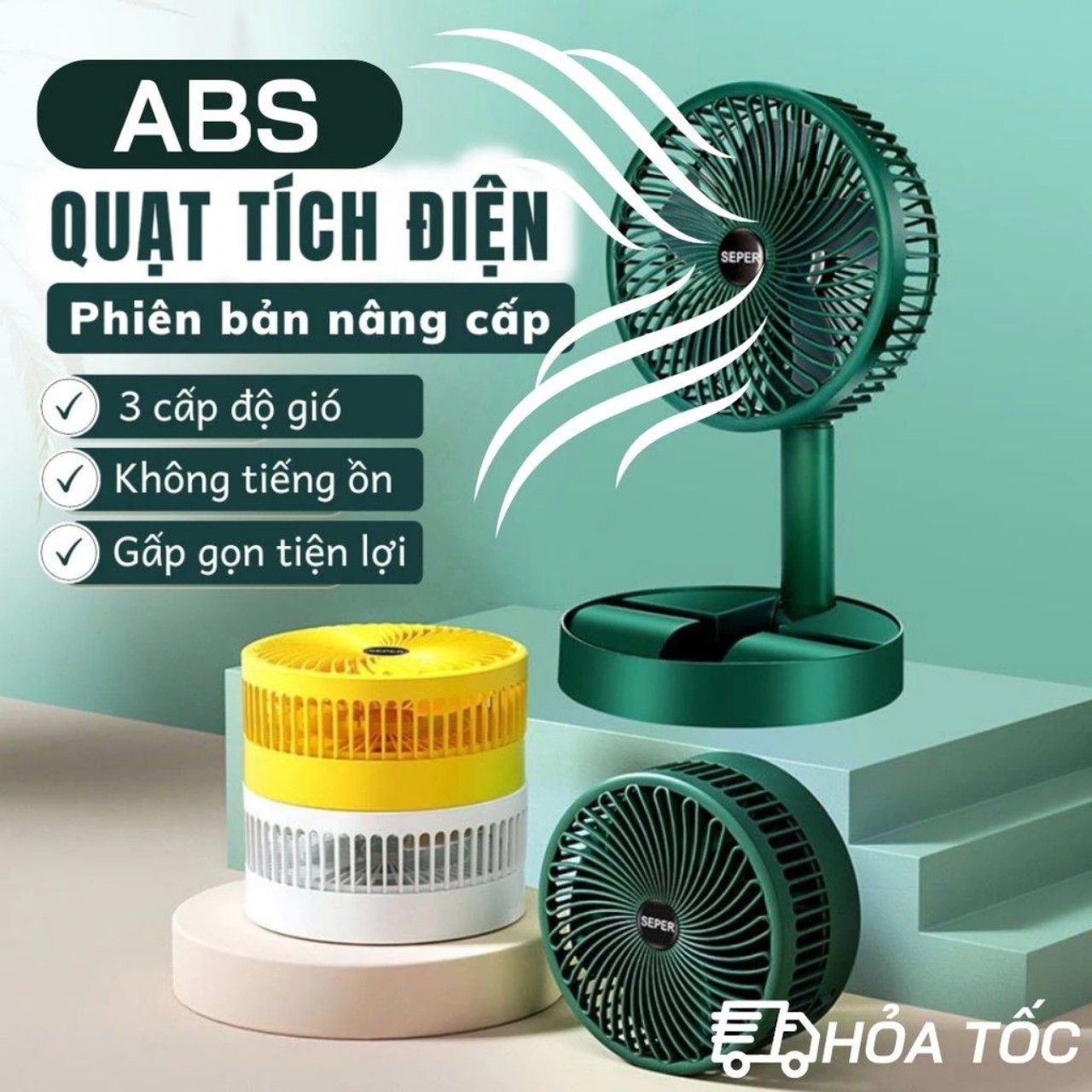 Quạjt Tích Điện Để Bàn Mijni Gấp Gọn: 3 Tốc Độ, Xoay 360 Độ, Pin Dung Lượng Lớn, ĐÈN TRANG TRÍ