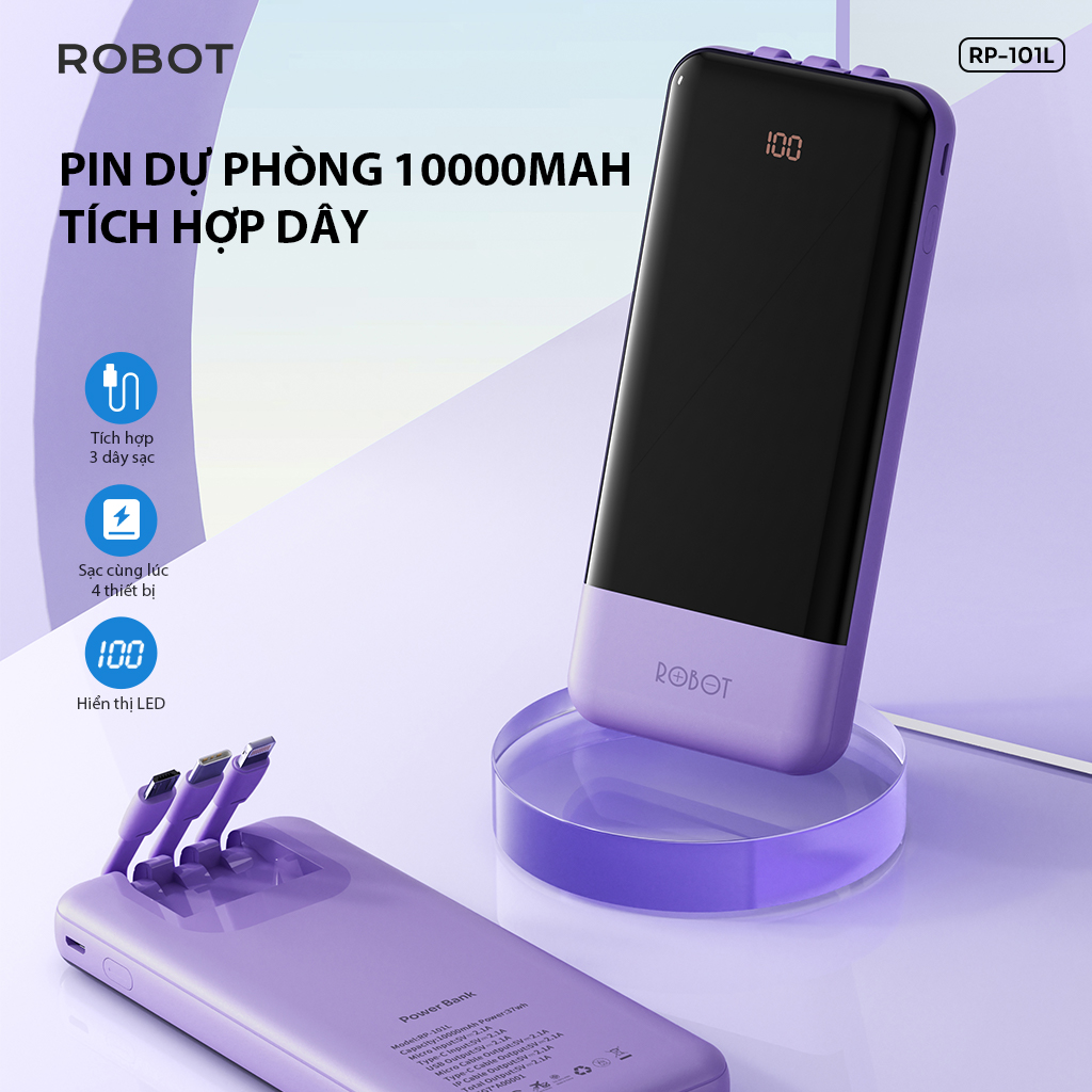 Pin dự phòng 10.000 mAh ROBOT RP - 101L Tích hợp 3 dây sạc Sạc cùng lúc 4 thiết bị Hiển thị đèn LED - HÀNG CHÍNH HÃNG