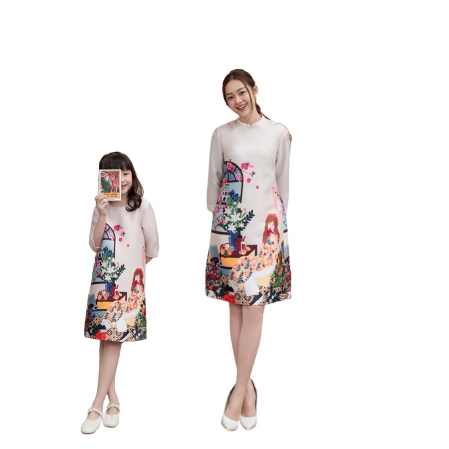 Áo Dài Cách Tân KID In Hình Cô Gái Uống Trà SYO AD010