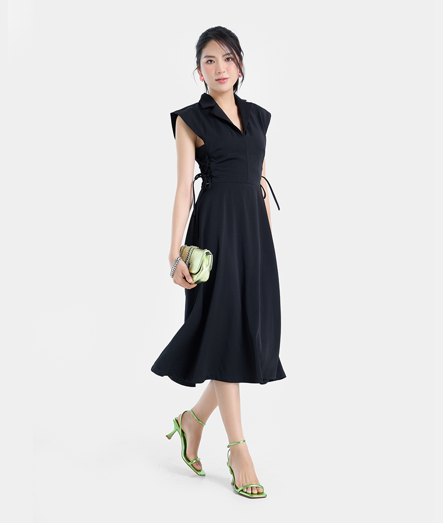 Đầm Lửng Nữ Thời Trang HNOSS Cổ Vest Thắt Eo HNDLU093