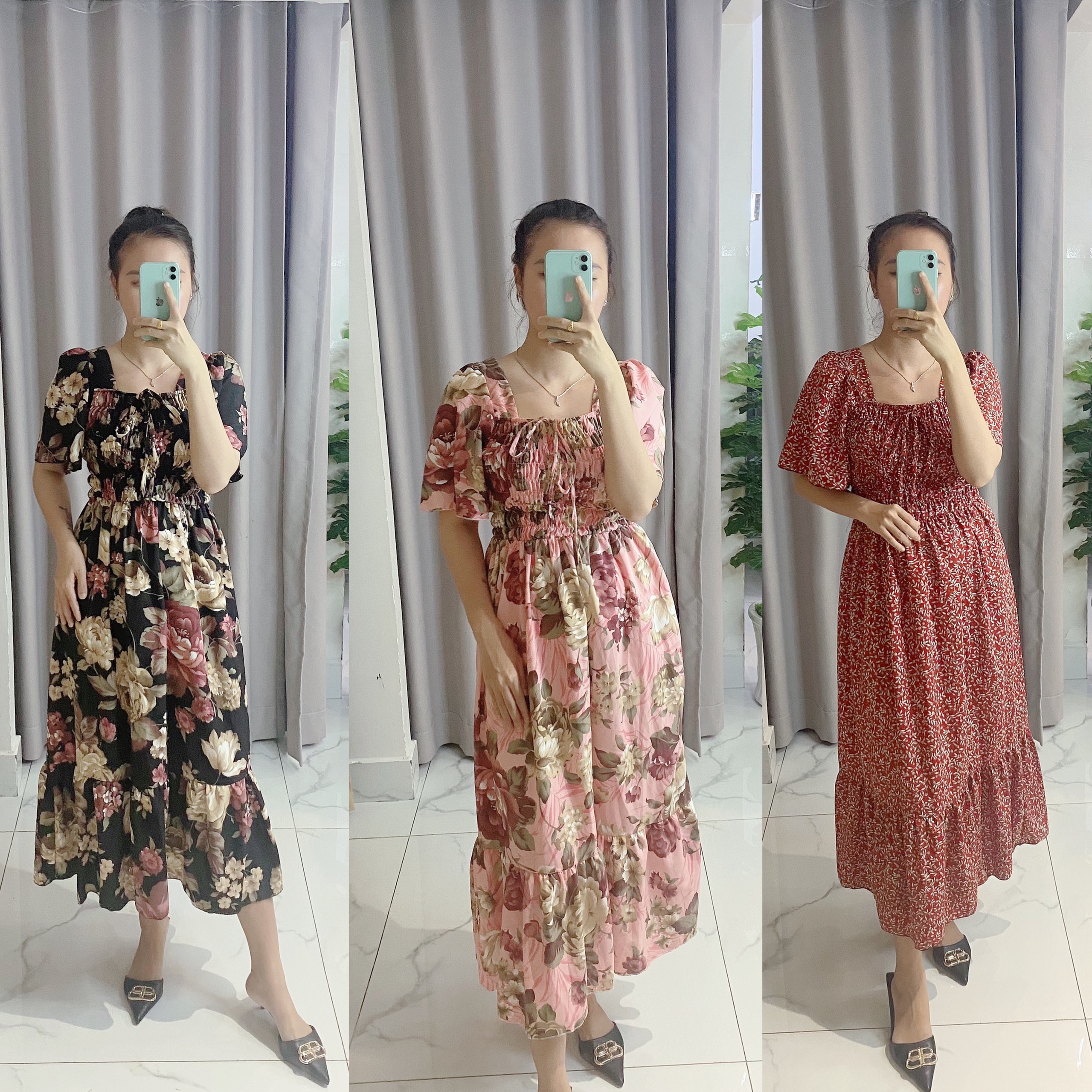 Váy đầm nữ công sở đẹp, váy maxi hoa cổ vuông cánh tiên chất lụa bao mát,không nhăn V012