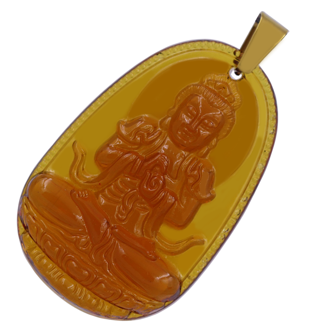 Mặt Phật Đại nhật như lai 5 cm  pha lê trà kèm móc và dây chuyền inox vàng, Mặt Phật bản mệnh