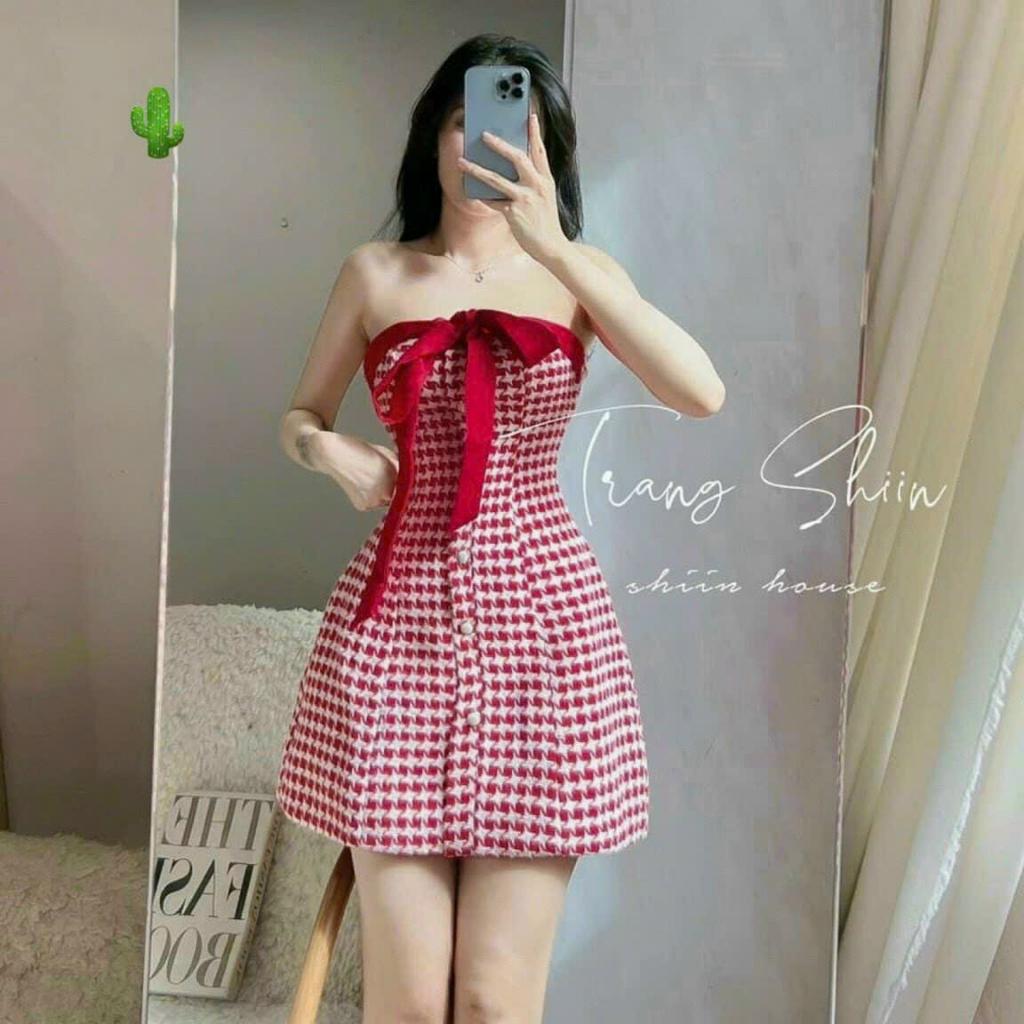 Đầm bố caro xoè cúp ngực cài nút phối dây cột nơ