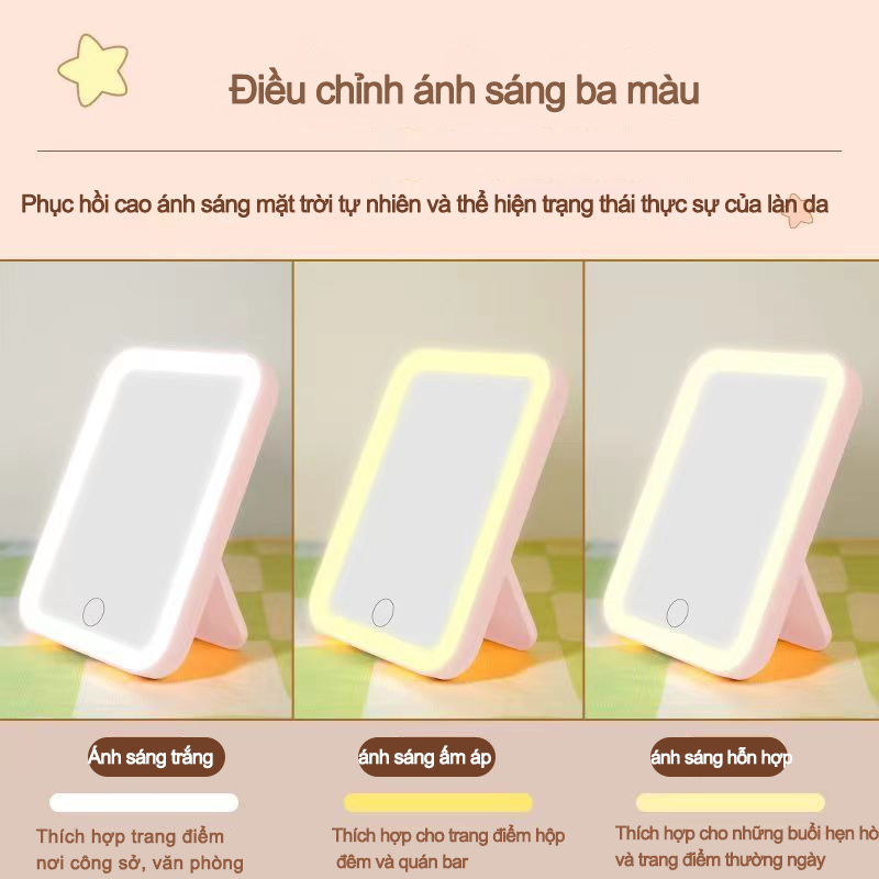Gương Để Bàn Mini Trang Điểm Makeup Có Đèn Led Cảm Ứng 3 Chế Độ Sáng Kèm Sạc Giao Màu Ngẫu Nhiên